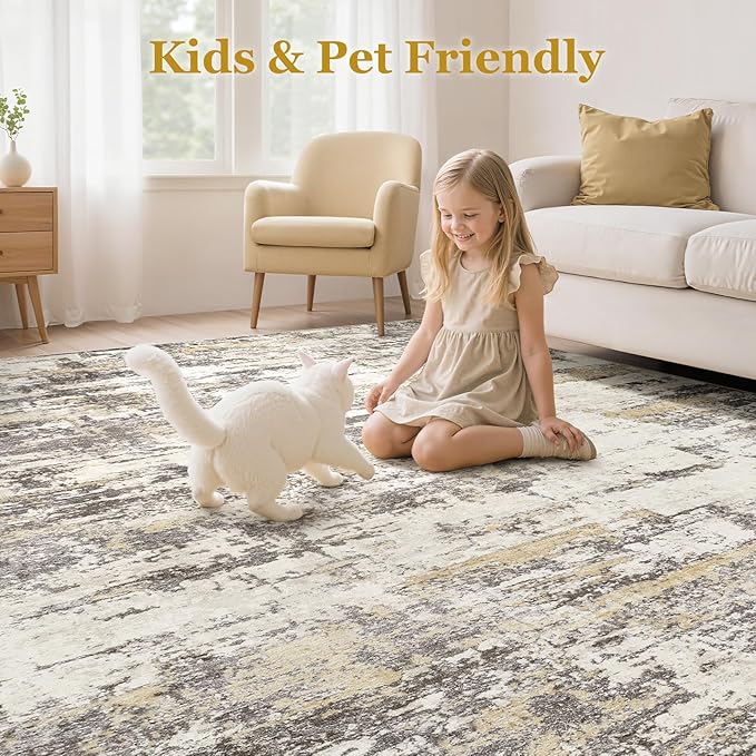Area Rugs for Living Room: 5x8 Abstract Washable Rug Modern Neutral Large Soft Stain Resistant Non-Slip Backing Machine Table for Bedroom Dining Room Indoor Home Office Carpet - Gold Brown