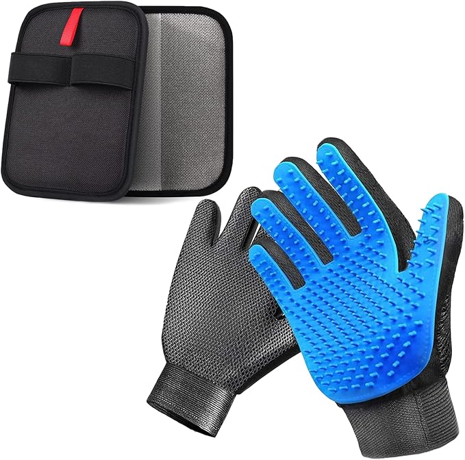 2-in-1 Pet Grooming Glove & Fabric Hair Remover - Reusabie, Silicone Massage Bristles,Static Adhesion for Quiuck Shedding Control,Safe for Dogs & Cats