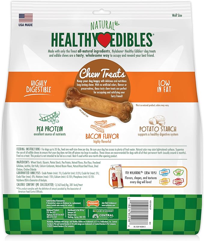 Nylabone Healthy Edibles Natural Dog Chews, Long Lasting Bones for Dogs, Bacon Flavor Dog Treats, Medium (12 Count)
