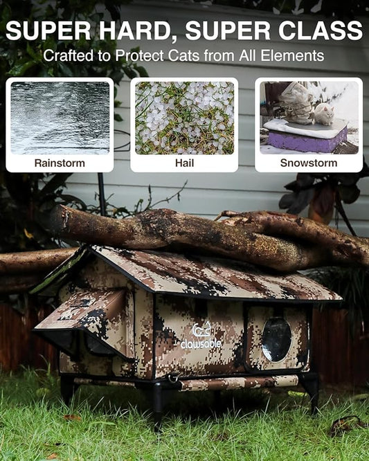 Indestructible Gable Roof Heated Cat House for Outside Winter, 100% Waterproof, Safe Escape Door, Insulated Outdoor Cat Shelter with Heater for Feral Barn Cat Kitty (Desert Camouflage, 24.5"x16"x19")
