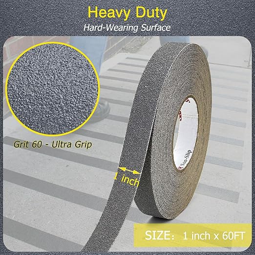S&X Gray Anti Slip Tape 1 Inch x 60 FT Roll, Ultimate Non Slip Grip Tape for Stairs Outdoor Wooden Steps & Exterior Grips, Grit 60, Waterproof, Extra-Durable