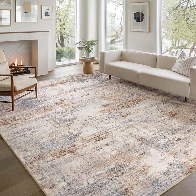 Area Rug Living Room Washable Rugs: 8x10 Modern Neutral Abstract Low Pile Non Slip Floor Carpet - Large Soft Thin Stain Resistant Rug for Bedroom Dining Indoor Office Home, Brown Grey