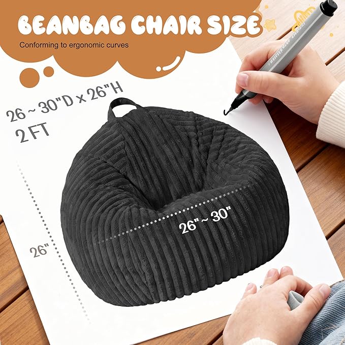 Homguava 2Pcs of 2FT Bean Bag Chair, 2' Small Bean Bags with Memory Foam Filled, Beanbag Chairs with Machine Washable Cover Dutch Corded Plush Cover for Classroom,Living Room,Bedroom-Black