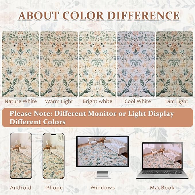 8x10 Area Rugs Washable Rug: Lagre Boho Living Room Rug Soft Non-Slip Thin Carpet Indoor Floor Non-Shedding Neutral Floral Carpets for Bedroom Dining Room Farmhouse Nursery Beige