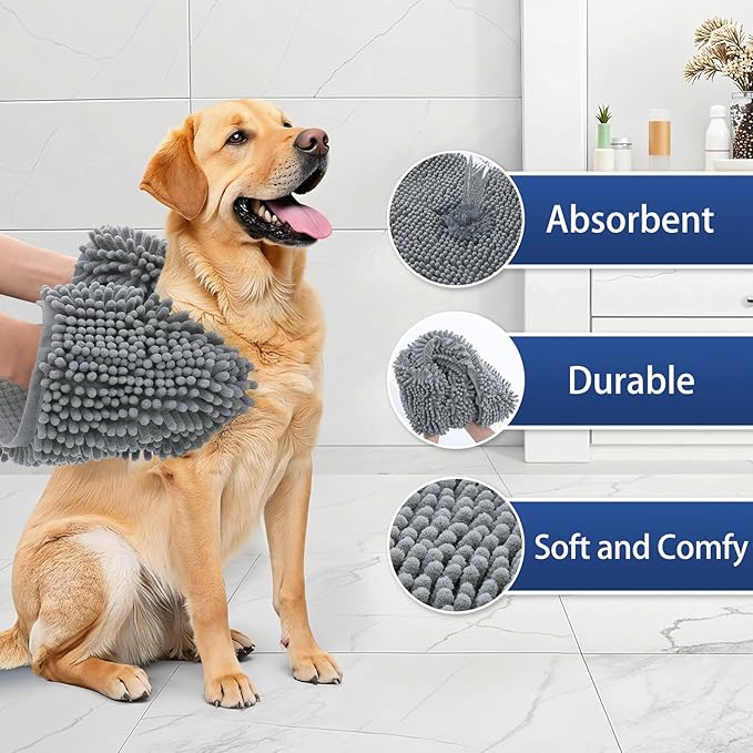 OLANLY Chenille Dog Bath Towel 38x15, Ultra Absorbent Quick Dry Pet Towel, Extra Soft Washable Plush Towel for Large Dogs & Puppies, Indoor Outdoor Use, Grey