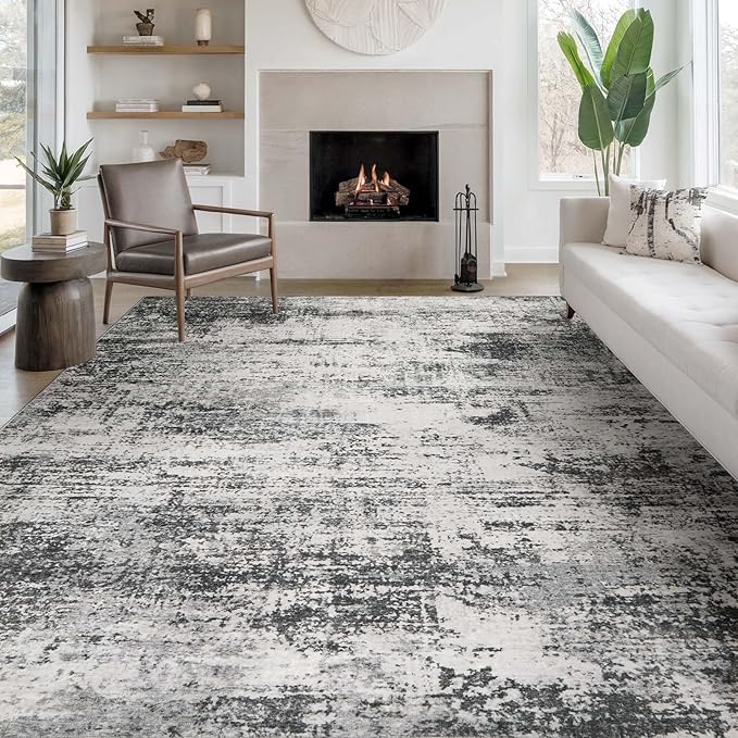 Area Rug Living Room Washable Rugs: 9x12 Modern Neutral Abstract Low Pile Non Slip Floor Carpet - Large Soft Thin Stain Resistant Rug for Bedroom Dining Indoor Office Home, Dark Grey