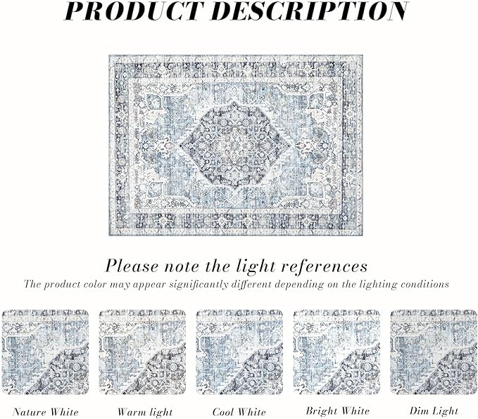 Area Rug 5횞7, Vintage Boho Rug,Ultra-Soft Low Pile, Washable, Non Slip,Stain Resistant Printed Carpet for Living Room Bedrooms Playroom Office Kitchen, Light Blue