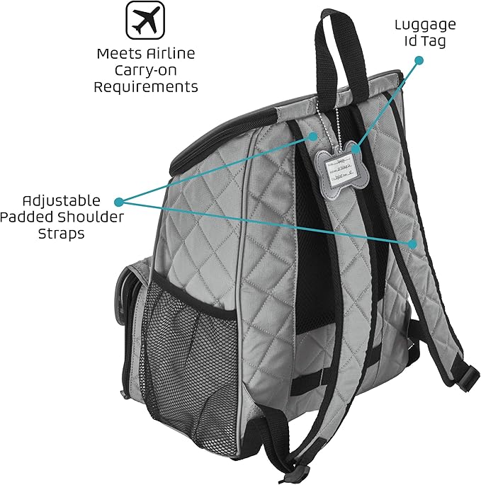 Mobile Dog Gear, Dog Travel Bag, Deluxe Quilted Weekender Backpack, Includes Lined Food Carriers and 2 Collapsible Dog Bowl, Gray
