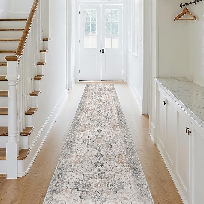 GENIMO 3x14 Runner Rugs for Hallway, Machine Washable Non Slip Vintage Rugs, Low Pile Soft Chenille Print Rug for enrtyway, Corridor, Home Office,Light Taupe Brown