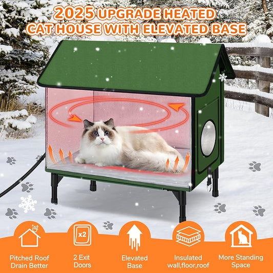 REAPALOT Heated Cat House for Outside Cat in Winter, Insulated Outdoor Feral Cat Shelter with Cat Heating Pad, Elevated Heated Kitty House for Multiple Cats (Green, M(20"x17.5"x23.6"))