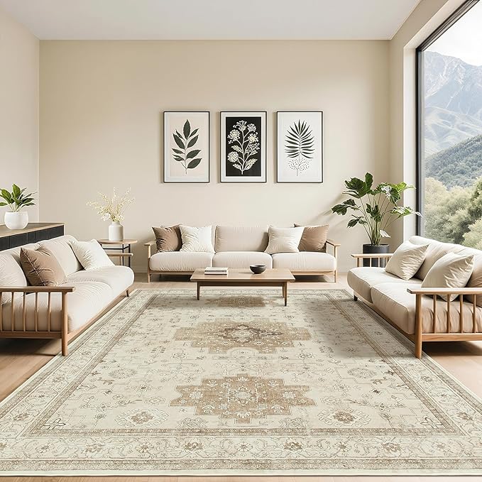 LBRO2M Distressed Washable Rugs 9X12 Area Rug for Living Room for Bedroom Dining Room Non Slip Farmhouse Rugs Easy Clean, Stain Resistant Carpet Great for Pets and Kids (9'X12' Beige)