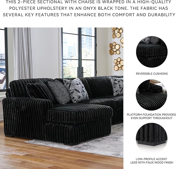 Signature Design by Ashley Midnight-Madness 2-Piece Sectional Sofa with Chaise, Faux Wood Finish Accent Legs, Fabric Upholstery, 120" W x 65" D x 40" H, Black