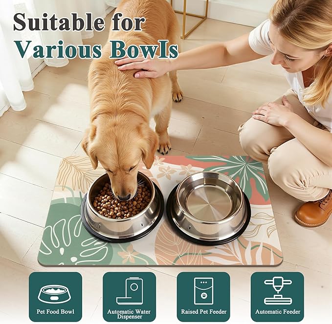 Topotdor Boho Dog Food Mat for Floors, Absorbent Quick-Dry Cat Pet Feeding Mat, Non-Slip Dog Bowl Mat for Food and Water, Pet Placemat for Dogs, Cats, Puppy Accessories, 12"x20", Red