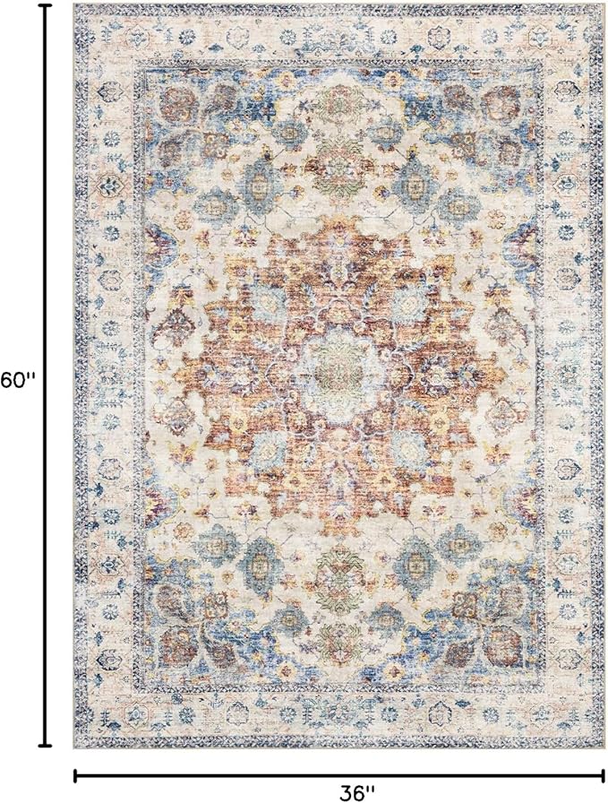 Area Rug 3횞5, Vintage Boho Rug,Ultra-Soft Low Pile, Washable, Non Slip,Stain Resistant Printed Carpet for Living Room Bedrooms Playroom Office Kitchen, Blue/Red