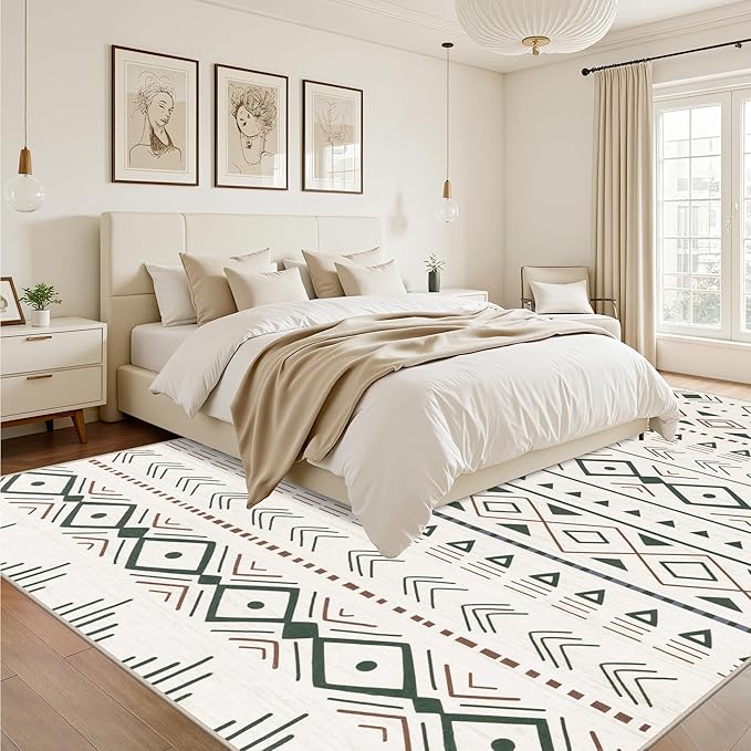 10x14 Area Rugs Living Room Rug: Washable Rug Neutral Lagre Soft Thin Carpet Indoor Floor Non Slip Boho Geometric Moroccan Carpets for Bedroom Dining Room Farmhouse Nursery Office - Brown Green