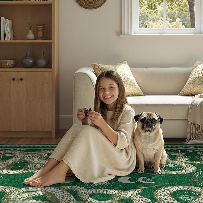 DCX Washable 3x5 Snake Rug, Green Gothic Rug for Living Room, Soft Low Pile Carpet, Kid & Pet Friendly with Rubber Back Non Slip, Stain Resistant Rug for Bedroom Dining Room Office