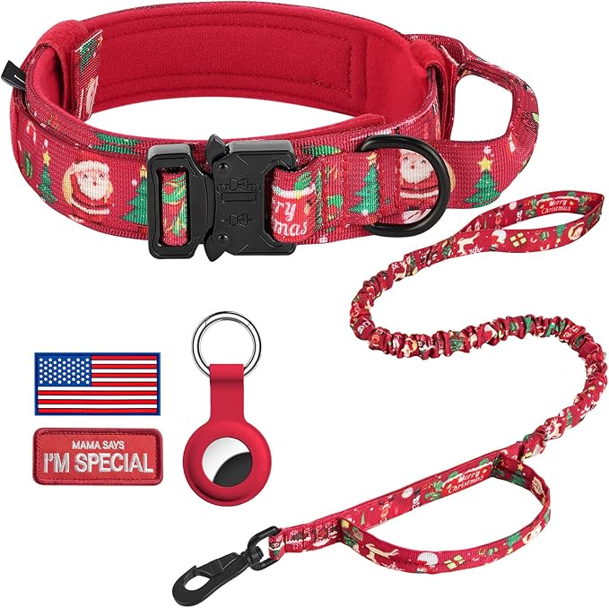 DAGANXI Tactical Dog Collar, Adjustable Military Training Nylon Dog Collar with Control Handle and Heavy Metal Buckle for Medium and Large Dogs, with Patches and Airtags Case (M, Christmas red-Set)