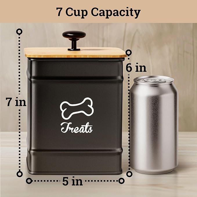 Dog Treat Container Airtight - 5 Inch Wide x 7 Inch Tall Iron Dog Treat Jar for Kitchen Counter with Airtight Bamboo Lid - 7 Cup Capacity Pet Treat Container - Doggie Cookie Jar - Big Treats Canister