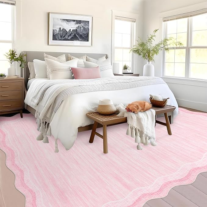 GarveeHome Scalloped Pink Rug 5x7 Modern Solid Living Room Carpet, Non-Slip Contemporary Rug for Girls, Machine Washable Low Pile Indoor Rugs for Entryway,Playroom,Dorm,Office, Pink