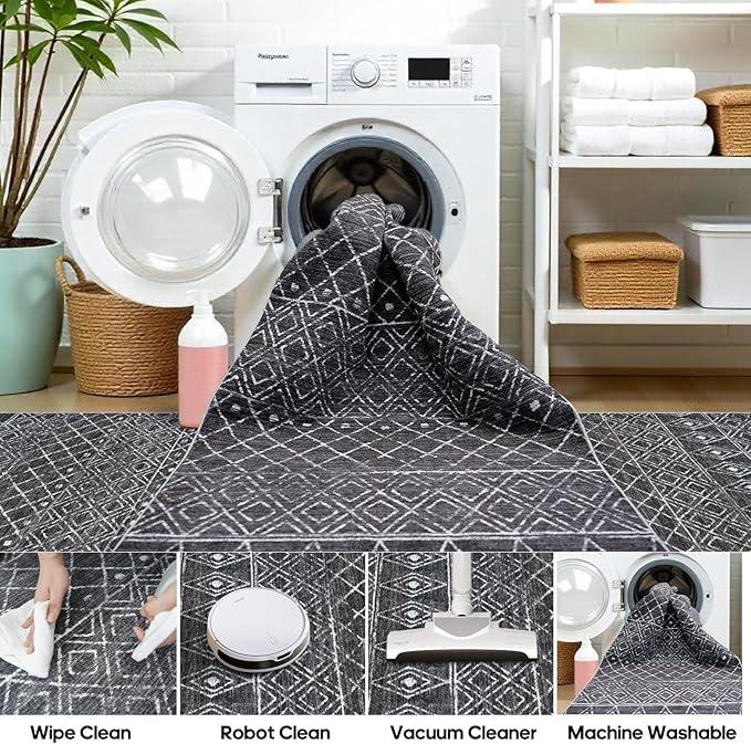 2x5 Rug Runner Moroccan - Washable Hallway Runner Rug Non Slip Pets Friendly Runner Low Pile Soft Indoor Floor Mat Front Door for Kitchen Bedroom Entryway Laundry 2x5 Black