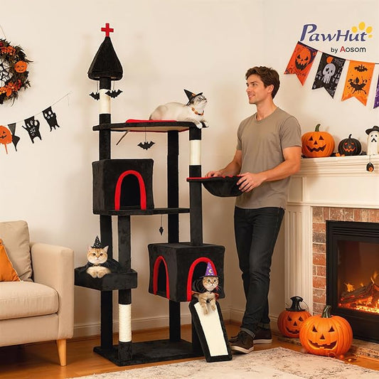 PawHut Gothic Cat Tree, 78" Extra Tall Cat Tower for Indoor Kittens with 2 Spacious Condos, Sisal Scratching Posts, 4 Bat Hanging Balls, Comfy Hammock, Ramp, Bed, Black and Red Halloween