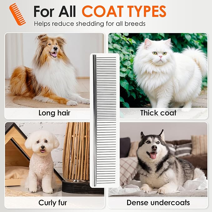 Dog Comb to Remove Tangles and Knots, Cat Comb with Stainless Steel Teeth and Non-Slip Handle, Dog combs for grooming matting for Long Haired Pets (Large & Small)