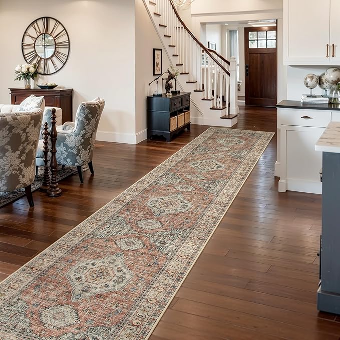 Lahome Oriental Kitchen Runners for Hallways, 2.5x12 Washable Runner Rug Non Slip, Soft Hallway Rug Distressed Ultra-Thin Long Carpet for Bathroom Entryway ?랡edroom, Peach/Orange