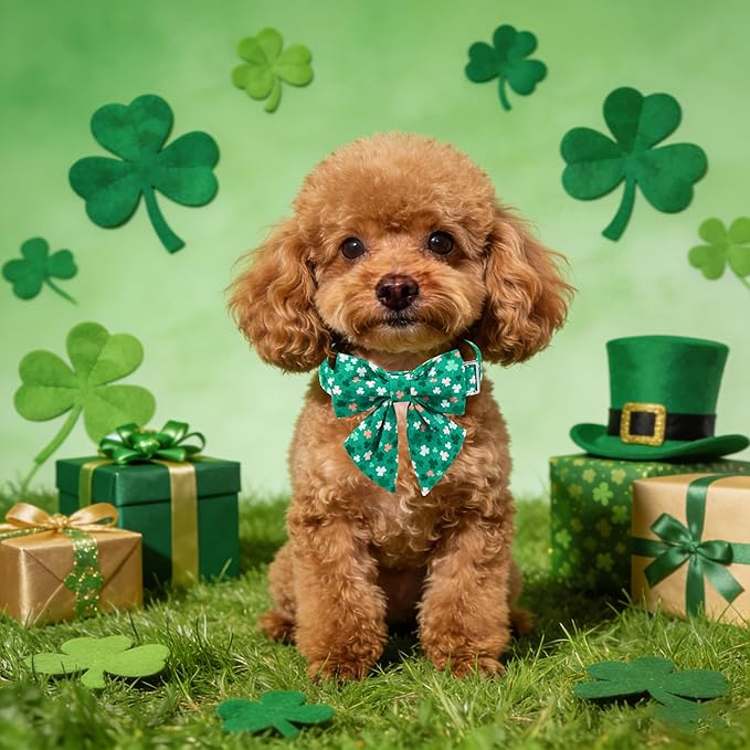 Maca Bates St. Patrick's Day Shamrock Dog Collar with Sailor Bow Tie,Extra Small Girl Boy Dogs, Green Pink White Clover Pattern,Adjustable Durable Soft Collars Irish Gift for Male Female Puppy