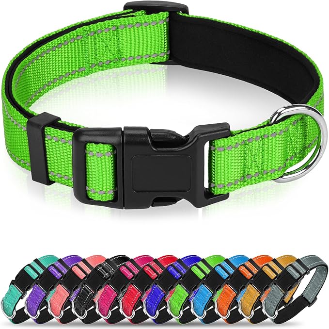 Reflective Dog Collar for Mediunm Dogs, Adjustable Collar with Soft Neoprene Padded, Durable Buckle for Daily Walking,Green,M, 1" Width