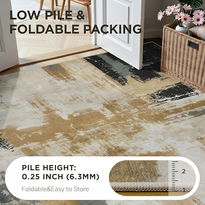 Joydeco 2x6 Washable Runner Rug for Hallway, Modern Abstract Non-Slip Soft Rugs, Low Pile Carpet for Entryway, Bedroom, Kitchen, Laundry, White &Beige & Dark Gray