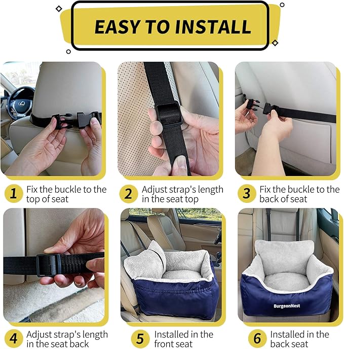 BurgeonNest Dog Car Seat for Small Dogs, Fully Detachable and Washable Cat Carseats Under 25 lbs, Soft Pet Booster Seats with Storage Pockets and Clip-On Leash Portable Car Travel Carrier Bed, Blue