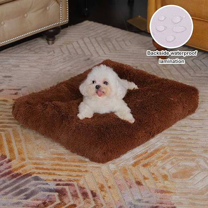 Bedfolks Waterproof Dog Crate Pad, Plush Dog Kennel Bed with Removable Cover, Faux Fur, Washable, 23"x18", Solid Brown
