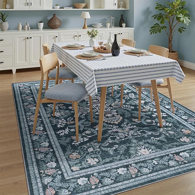 DCX Navy Blue 4x6 Area Rug, Machine Washable Non Slip Stain Resistant Soft Vintage Floral Rug, for Living Room, Bedroom, Dining Room, Soft Low Pile Large Carpet