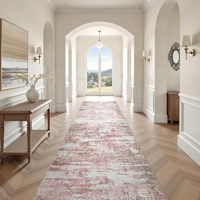 Area Rugs for Living Room: 3x8 Abstract Washable Rug Modern Neutral Large Soft Stain Resistant Non-Slip Backing Machine Table for Bedroom Dining Room Indoor Home Office Carpet - Pink