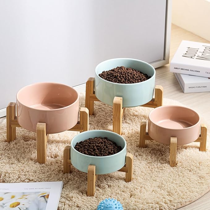 Petygooing 28 OZ Elevated/Raised Ceramic Dog Bowl for Small Medium Breeds, Dog Food Water Dish with Stand,Pet Bowl with Anti Slip Rubber for Cats Small and Medium Dogs (3.6 Cups) Khaki