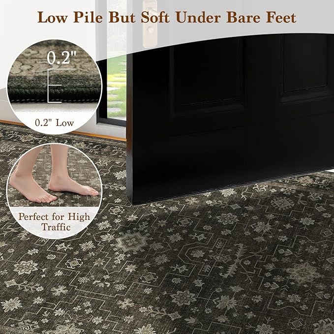 LBRO2M Farmhouse Washable Rugs 5X7 for Living Room Bedroom Vintage Non Slip Rugs Easy Clean, Low Piles Stain Resistant Carpet Distressed Area Rug Great for Pets and Family (5'X7' Dark Brown)