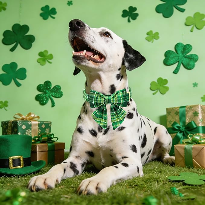 Maca Bates St. Patrick's Day Irish Plaid Dog Collar with Sailor Bow Tie,Shamrock Green Gingham Pattern for Extra Small Girl Boy Dogs,Adjustable Durable Soft Collars Gift for Male Female Puppy
