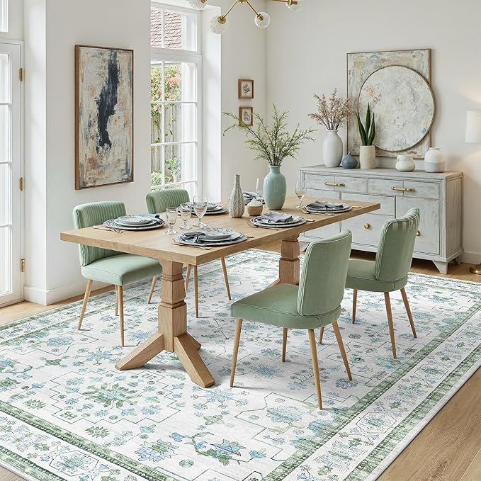 DCX Green 6x9 Rug, Kid & Pet Friendly with Rubber Back Non Slip, Machine Washable Stain Resistant Vintage Boho Floral Rug for Living Room, Bedroom, Soft Low Pile Large Nursery Carpet