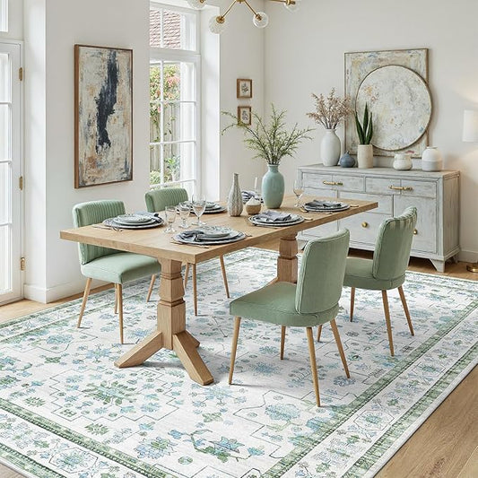 DCX Green 6x9 Rug, Kid & Pet Friendly with Rubber Back Non Slip, Machine Washable Stain Resistant Vintage Boho Floral Rug for Living Room, Bedroom, Soft Low Pile Large Nursery Carpet