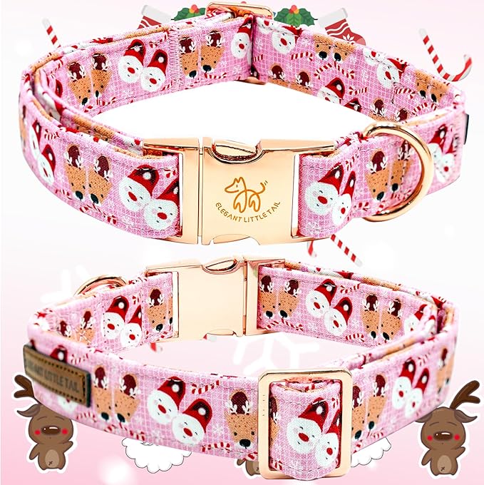 Elegant little tail Christmas Dog Collar, Pink Deer Print Pet Collar Dog Durable Cute Dog Collars Winter Holiday Male or Female Pet Gift Adjustable Dog Collar for Large Dogs