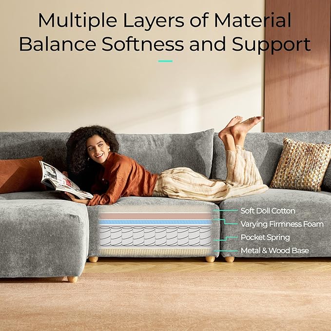 LINSY HOME Cloud Couch Sectional, Modular Sofa Sectionals for Living Room Bedroom, 91" L Shape Love Seat Couch with Ottoman, 2 Seater Deep Seat Cozy Couch Luxury Chenille Sofas, Grey