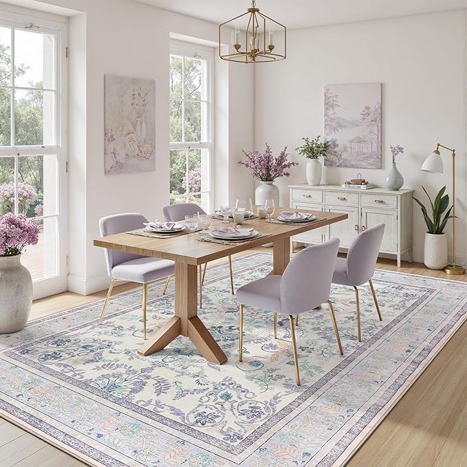 DCX Floral Area Rugs 9x12 Living Room, Soft Anti-Skid Machine Washable Purple Area Rugs Stain Resistant Neutral Boho Carpet for Bedroom Large Low Pile Lightweight Room Rug