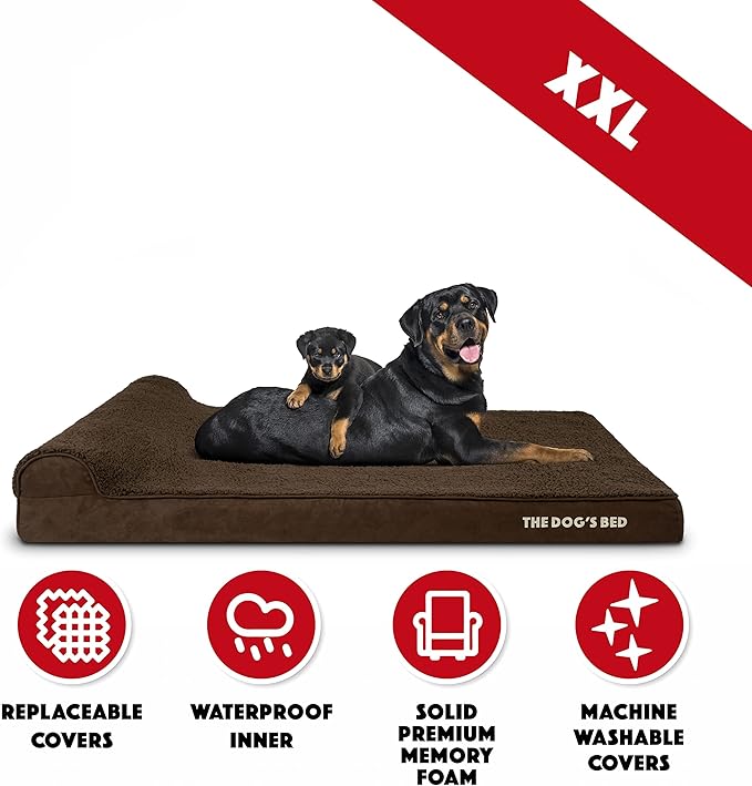 The Dog’s Bed Orthopedic Memory Foam Dog Bed with Headrest, Plush Fabric, Brown Plush, XXL, 4-Inch
