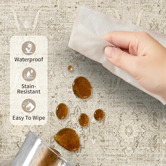 10x14 Area Rugs for Living Room Bedroom, Large Washable Rug, Beige Vintage Floral Boho Rug, Non Slip & Low Pile Faux Wool Carpet for Indoor Dining Room and Kids Room(Beige 10x14ft)
