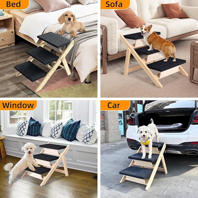 Dog Stairs/Ramp for Bed, Wooden Convertible Pet Steps, Portable Dog Ladder Up to 180 Pound for Elderly/Short-Legged Dogs, 3 Steps for Beds, Couch, Cars