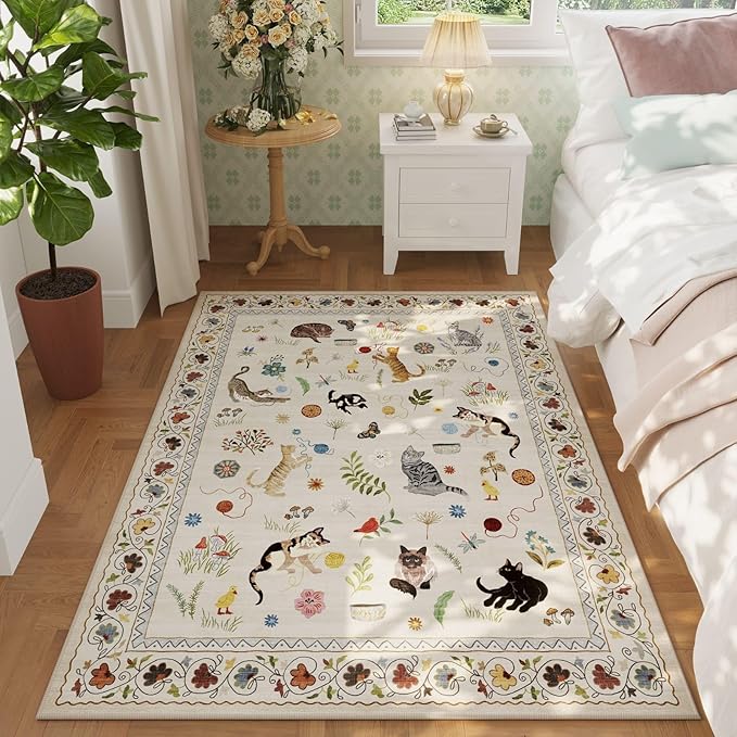 Rugcomf Bedroom Rug 3x5 Rug Washable Area Rug Non Slip Low Pile Boho Floral Animal Cat Small Carpet for Bedroom Bedside Kitchen Entryway Kids Room Office College Dorm Essentials for Girls, Beige
