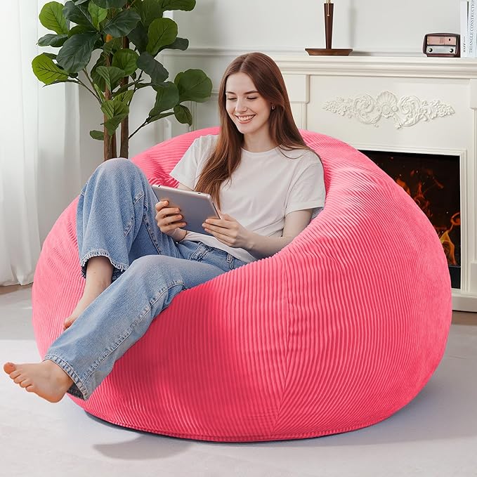 Homguava 5FT Bean Bag Chair for Adults,Teardrop Giant Bean Bags Big Beanbag Chair with Memory Foam Filled and Ultra Soft Removable Corduroy Cover for Living Room, Bedroom (Pink)