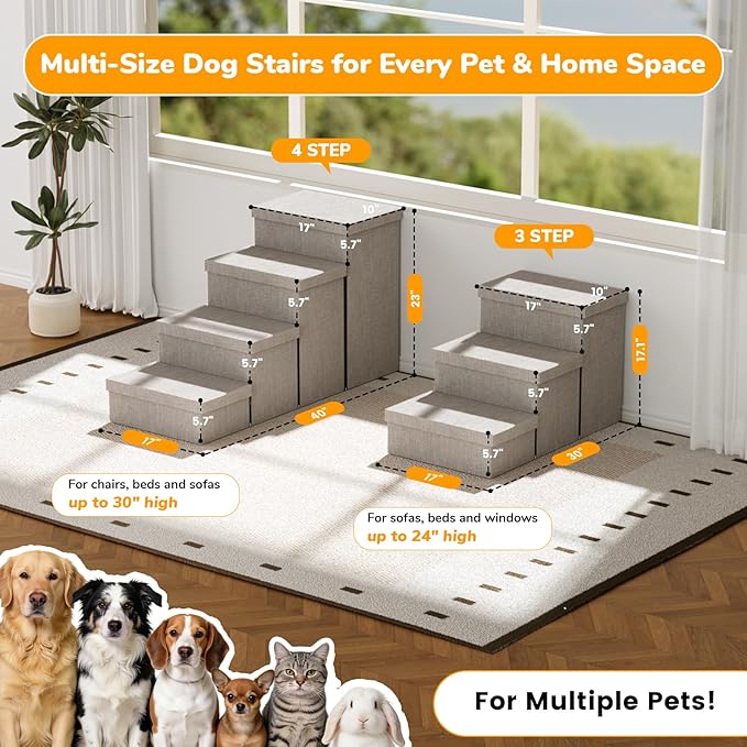 4-Step Wide Dog Stairs with Storage 23" H, Non-Slip Sturdy Pet Steps for High Bed Couch Window, Pet Stairs for Small/Medium/Large Old Dogs Cats Up to 220lbs, Cat Dog Steps for Car/SUV, Grey