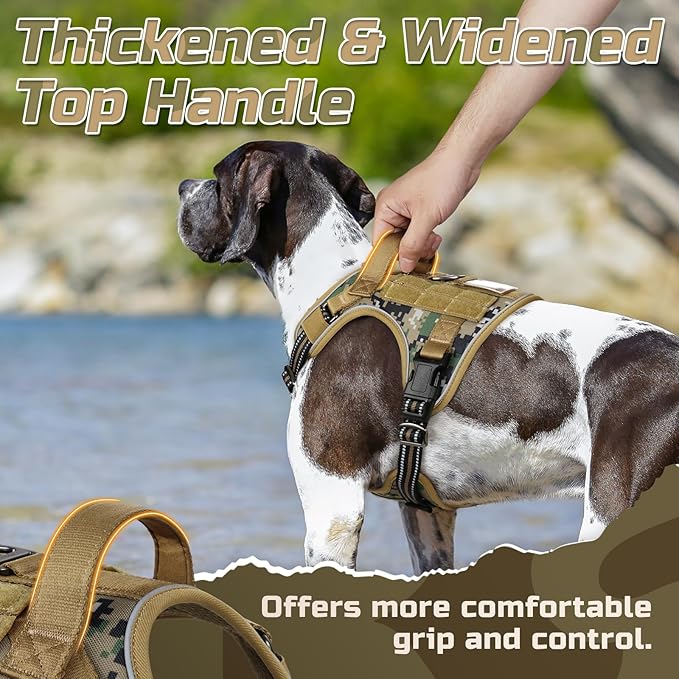 rabbitgoo Tactical Dog Harness for Large Dogs, No Pull Military Service Vest with Handle & Molle, Easy Control for Training Walking, Adjustable Reflective Straps, Brown camo, XL