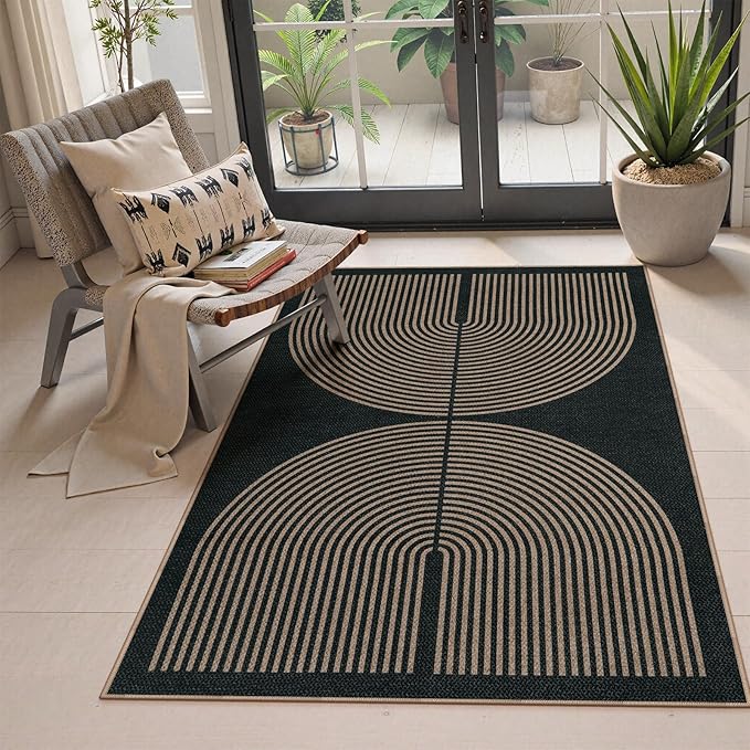 Lahome Modern Rainbow Easy Jute Outdoor Patio Rug, 3x5 Black Washable Rugs for Entryway Office Farmhouse Classroom Carpet, Contemporary Non Slip Front Door Mat for Porch Guestroom Room Decor